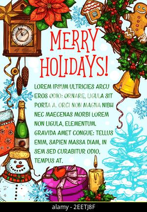 Frohe Weihnachten Weihnachtswunsch Grußkarte Skizze Design von Champagner mit Kerzen und goldene Glocke Dekoration. Vektor Weihnachtsbaum Lichter Girlande, N Stock Vektor