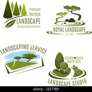 Grüne Landschaft Design-Service und Gartenarbeit Unternehmen Icons Vorlagen. Vektor-Symbole Set von grünen Natur tress und Park Garten oder Waldplantagen Stock Vektor