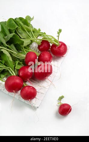 Frische Radieschen isoliert auf weißem Hintergrund. Draufsicht. Stockfoto