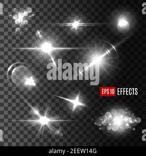 Silberner Glanz von Funkeln und Bokeh Lichter, Schein der Sonne mit hellen Strahlen und glitzernden Stern mit Linse Flare. Transparentes Lichteffekt-Set für festliche Stimmung Stock Vektor