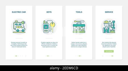 Auto-Service-Center und Werkzeuge Vektor-Illustration. UX, UI Onboarding mobile App Seite Bildschirm mit Linie Ausrüstung und Schlüssel für Elektroauto Automobil-Fahrzeug, Werkzeugkasten der Auto-Reparatur-Garagenarbeiter Stock Vektor