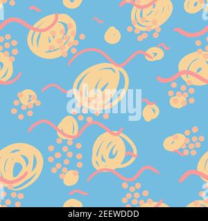 Blau, rosa, gelb wiederholendes Muster. Nahtlose Textur. Abstraktes Ornament mit Blumen und süßen Beeren. Stockfoto