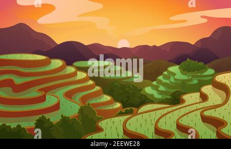 Chinesische Reisfelder Terrassen in Berglandschaft. Vector Reis oder Tee Plantage auf Kaskaden Feld auf Mount in China, Vietnam oder Philippinen mit gre Stock Vektor