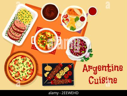 Argentinische Küche Ikone des Mittagessens mit Dessert. Gegrilltes und gebackenes Fleisch, Tomatenzwiebel Pizza, Bohnensalat, Rindergemüse Eintopf mit Wurst, truthahn mit gr Stock Vektor