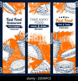 Fastfood Restaurant Poster und Banner Vorlagen Set von Cheeseburger Burger oder Hamburger, Hot Dog Sandwich und Pizza, Donut oder Popcorn Dessert und c Stock Vektor