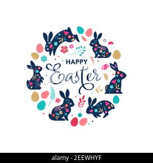 Frohe Ostern, Hasen, Blumen und Eier. Volkstümlicher Stil Stock Vektor