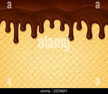 Schokolade spritzt fließend und tropft auf Waffel oder Waffel Textur Hintergrund. Vektor Dessert Poster Vorlage von heißen Schokolade Fondant Spritzer und Tropfen Stock Vektor