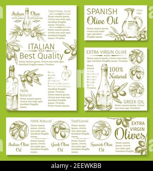 Olivenöl und Oliven Skizzen Banner und Poster zum Kochen Olivenöl Produkte. Vektor schwarz und grün Olivenzweige mit griechischen oder italienischen Bio ex Stock Vektor