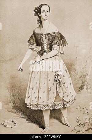 Ein Porträt von Marie Taglioni auf der Bühne in 'La Gitana' --- Marie Taglioni, Comtesse de Voisins ( 1804 – 1884) war eine italienische Balletttänzerin. Sie war eine der berühmtesten Ballerinas der romantischen Ballettepoche und spielte am her Majesty's Theatre, London und der Théâtre de l'Académie Royale de Musique (Paris Opera Ballet.) Einige Kredit ihr als die erste Ballerina wirklich tanzen en pointe. Stockfoto