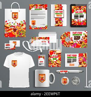 Fastfood-Restaurant oder Fastfood-Burger Werbung Promo Artikel Vorlage für Unternehmens-Branding. Vector Markenbekleidung und Bürobedarf T-Shirt A Stock Vektor