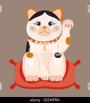 Maneki neko Vektor isoliert auf braunem Hintergrund. Glückskatze in japanischer traditioneller Kultur. Talisman oder Maskottchen Symbol in flachem Stil. Kunststoff, Keramik Stock Vektor