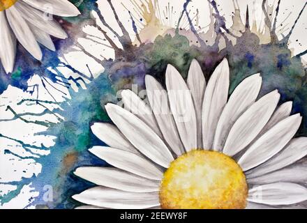 Abstraktes Aquarell-Gemälde einer Gänseblümchen-Blume. Handgefertigt mit Tinte und Wasser. Stockfoto