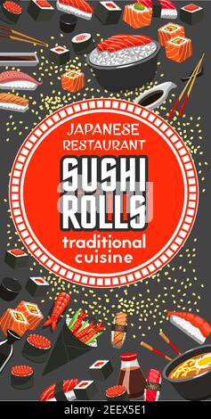 Japanische Sushi-Roll-Restaurant Menüvorlage der traditionellen asiatischen Küche. Auswahl an Sushi mit Meeresfrüchten, Lachsfisch, Thunfisch und Garnelen, Reis mit s Stock Vektor