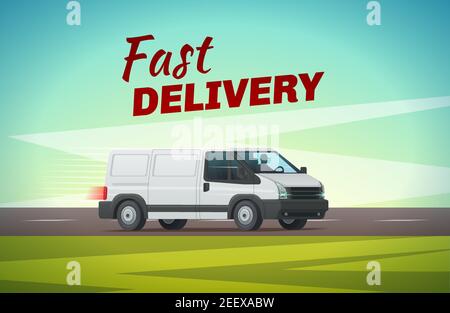 Lieferung LKW oder van Cartoon Poster von Nutzfahrzeug. Schnelle Lieferung Auto Reiten auf der Straße für Transport-und Lieferservice Werbung Stock Vektor