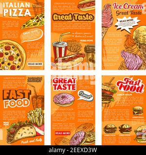 Fastfood-Restaurant Mittagssnack und Getränke Poster. Burger Sandwich, Pizza, Hot Dog und pommes Frites, Kaffee zum Mitnehmen, Donut und Soda, Taco und Eis cr Stock Vektor