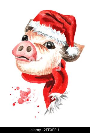 Kleine niedliche lustige Teetasse Mini Schwein in der Weihnachtsmütze. Symbol des neuen Jahres. Aquarell handgezeichnete Illustration, isoliert auf weißem Hintergrund Stockfoto