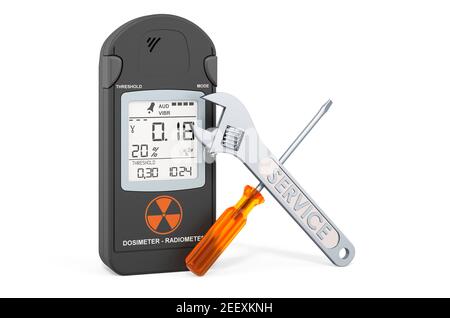 Service und Reparatur von Gamma Radiation Personal Dosimeter, 3D Rendering isoliert auf weißem Hintergrund Stockfoto