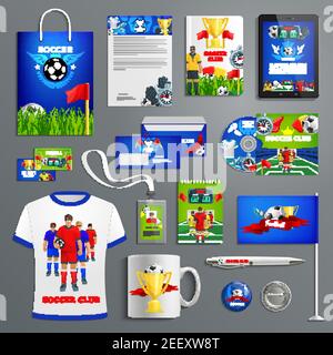 Fußball Sport Club Corporate Identity für Fußball-Team Branding. Visitenkarte, Faltblatt, Briefkopflayout und Bürobedarf mit Fußball pl Stock Vektor