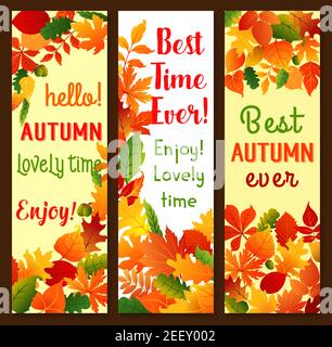 Herbst Banner für saisonale Grüße temlate von fallenden Blättern aus Ahorn, Espe oder Kastanie und Esche. Vektor-Set von Natur Laub für Hello Autum Stock Vektor