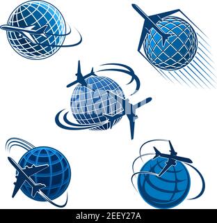 Symbol für Flugzeug und Reise des Flugreisesymbols. Rund um die Welt Reisekonzept mit Flugzeug fliegen um die Erde Planet blaue Silhouette für Luft tran Stock Vektor