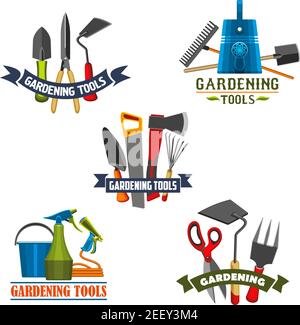 Gartengeräte und Ausrüstung Icon-Set. Rechen, Schaufel und Gießkanne, Gabel, Spaten und Eimer, Kelle, Schauer und Schneider, Säge, Axt und Sprühflasche sy Stock Vektor
