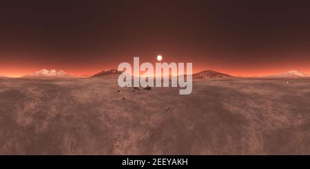 Sonnenuntergang auf einer Mars-ähnlichen roten Planetenlandschaft, ein 360 HDRI sphärisches Panorama für 3D Illustrationsumgebungen. Stockfoto