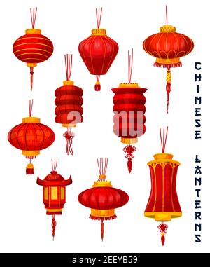 Chinesische Neujahr isoliert Laterne Symbole gesetzt. Rote Papierlampe des Oriental Spring Festival mit glücklichen Knoten Ornamenten und goldener Dekoration für asiatische luna Stock Vektor
