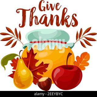 Thanksgiving Day Feiertagsikone der Herbsternte Frucht und Herbstblatt. Reife Apfel und Birne mit Glas von Obstkonfitüre oder Honig isoliert Symbol, verziert durch Stock Vektor
