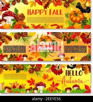 Hallo Herbst oder Happy Fall Banner von Kürbis, Waldpilz Natur Ernte und Ahornblatt mit Eberesche Beere und fallende Blätter, Eicheln und Eichenorang Stock Vektor