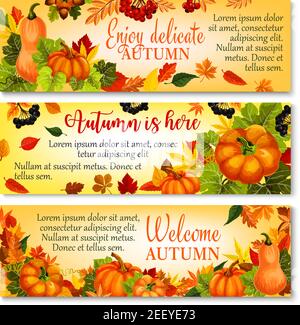 Herbstbegrüßungs-Banner mit herbstlichem Kürbis, gefallenen Blättern und Waldbeeren. Herbstsaison Ernte Kürbisgemüse, orange Ahornblätter, Eichel und Ro Stock Vektor
