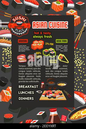 Japanische Sushi-Bar-Speisekarte Poster mit asiatischer Küche Restaurant. Lachs Fischrolle und Meeresfrüchte Nigiri Sushi, Garnelen und Thunfisch Sashimi, serviert auf holzplatte Stock Vektor