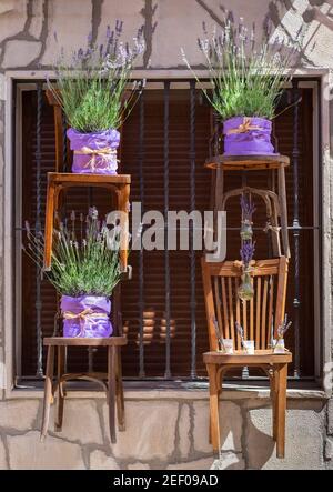 Straßendekoration mit Lavendelblüten und vier Stühlen, die an einem Fenster beim Lavendelfest in Brihuega, Guadalajara, Spanien hängen Stockfoto