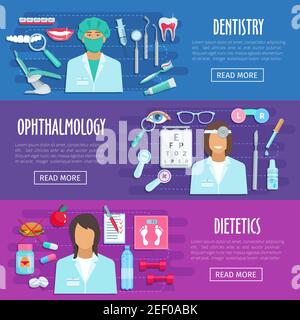 Krankenhaus Ärzte der Augenheilkunde, Diätetik und Zahnmedizin. Vector Banner von medizinischem Personal und Medikamente Augentropfer, Spritze oder diabetische Pillen a Stock Vektor