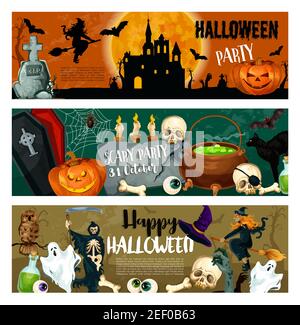 Halloween Party Banner von Monstern und Hexe, Kürbislaterne und gruseligen Geist auf Friedhof. Vektor Happy Halloween Design des Todes, Zombie Hand und Stock Vektor