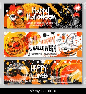 Happy Halloween Nacht Urlaub Skizze Gruß Banner Vorlagen von Kürbis Laterne und Zombie Skelett Schädel. Vektor Trick or Treat Design von Hallowee Stock Vektor