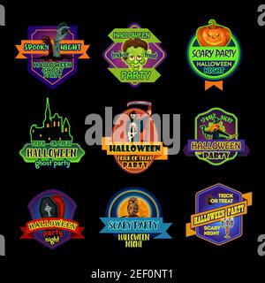 Halloween gruselige Nacht Label und Geist Party Abzeichen. Halloween Kürbis, Skelett und Hexe, Geist Spukhaus, Zombie und grimmige Schnitter mit Sense, Co Stock Vektor