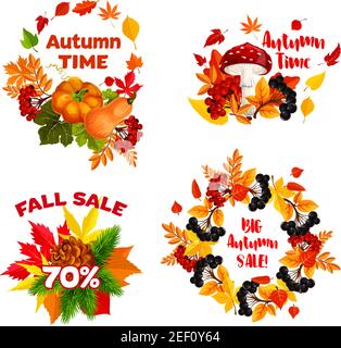 Herbst Big Sale Symbole und Herbst Zeit Design-Vorlagen von 70 Prozent Rabatt für saisonale Promo-Shopping. Vector Kranz Set aus Ahornblatt, Eichen Acor Stock Vektor