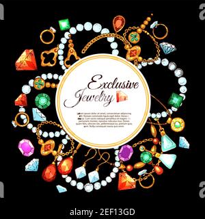 Schmuck Accessoires und Mode bijou von Edelsteinen Poster Vorlage. Vector exklusives Design aus Gold und Silber Ring, Halskette oder Ohrringe und golden p Stock Vektor