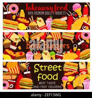 Street Food Burger Cafe Menü Banner Design Vorlage für Fast Food Restaurant Bistro Take Away Menü. Vector Cheeseburger oder Hamburger und Hot Dog Sandw Stock Vektor