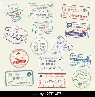 Stempel für Passport City Names gesetzt. Edinburgh, Stuttgart und Leipzig in Deutschland, Bern, Helsinki oder Zypern und Bangkok in Thailand, Malta oder Kopenhagen und Stock Vektor