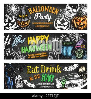 Halloween Urlaub Horror oder Death Party Skizze Banner für Trick or Treat Nacht. Vektor Halloween Kürbis Laterne, Tod und Sense oder Skelett Schädel Stock Vektor
