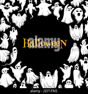 Halloween-Geisterposter der oktoberfestfeier. Gruselige Geister runde Rahmen mit fliegenden Monster oder Geist, gruseligen Poltergeist und lustige Phantom fo Stock Vektor