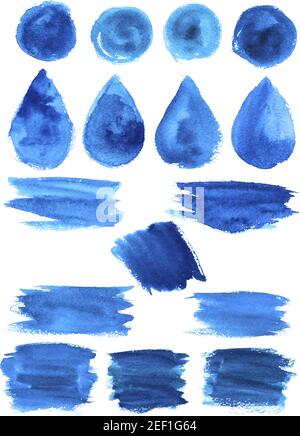 Blaue Aquarell-Malstriche, Blobs und Spritzer oder abstrakte Formen. Vektor isolierte Flecken Symbole von Aquarelle Pinsel Tropfen oder Tröpfchen, Linien und Stock Vektor