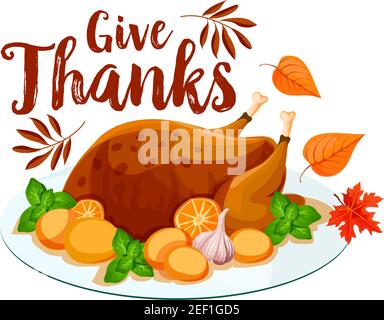 Thanksgiving türkei isoliert Ikone. Herbsternte Feiertagsabendessen mit gebratenem truthahn, serviert auf Teller mit Gemüse und Kraut, verziert mit Herbstblatt Stock Vektor