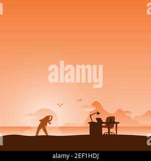 Geschäftsmann Stretching am Strand nach der Arbeit an seinem Schreibtisch in der orange Farbverlauf Schattierung Illustration Vektor. Stock Vektor