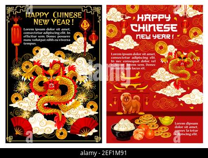 Happy Chinese New Year Grußkarte Design für Lunar Yellow Dog Jahr Feiertagsfeier. Vektor goldenen Drachen in Wolken, rote Fans und Laternen in Fi Stock Vektor