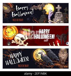 Halloween Urlaub Horror Skizze Banner für Trick or Treat Death Night Party. Vektor Halloween Oktober Kürbis Laterne, Skelett Schädel oder Hexenkatze ein Stock Vektor