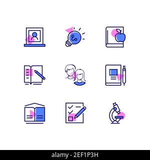 Bildung - Moderne Linie Design Stil Symbole gesetzt. Lernen, pädagogische Kurse Konzept. Webinar, Ideen, zurück zur Schule, Unterricht, Gruppen, Hausaufgaben, libr Stock Vektor