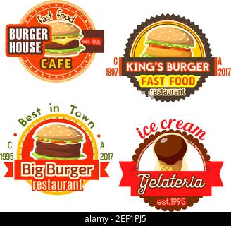 Fats Food Burger und Eis Symbole Vorlagen für Fastfood Burger Haus Restaurant oder Gelateria Café. Vector Set von Cheeseburger oder Hamburger Sandwi Stock Vektor