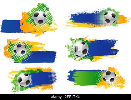 Fußballspiel Sport Cup Turnier oder Fußball Liga Spiel Kulissen Design-Vorlagen in blauen, gelben und grünen Farben. Vektor-Symbole für Fußball-Champion Stock Vektor